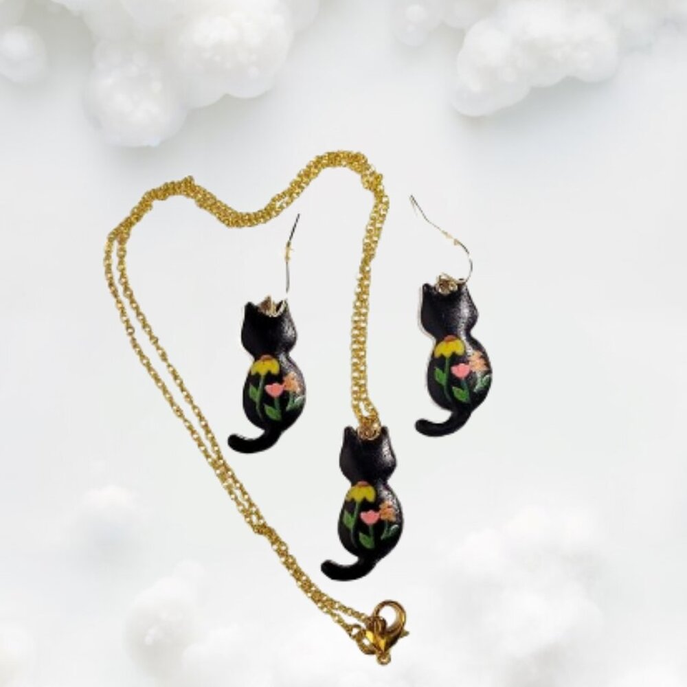 Flower Painted Enamel Kitty Cat Back Necklace & Earrings Set NWT - Picture 7 of 8